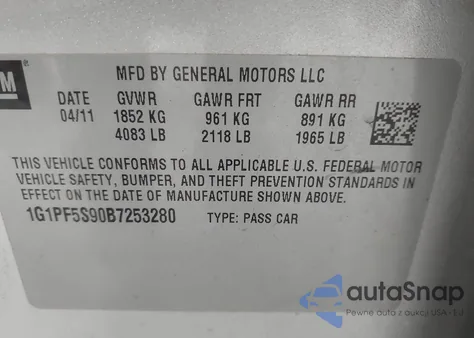 2011 Chevrolet Cruze 1Lt из США, поврежденный, VIN 1G1PF5S90B7253280